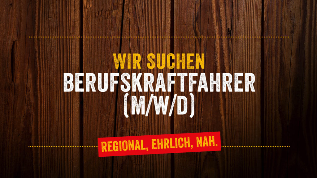 seokonformer alternativtext
Stellenausschreibung für Berufskraftfahrer (m/w/d) auf Holz-Hintergrund mit der Aufschrift „Wir suchen Berufskraftfahrer (m/w/d) – Regional, ehrlich, nah.“