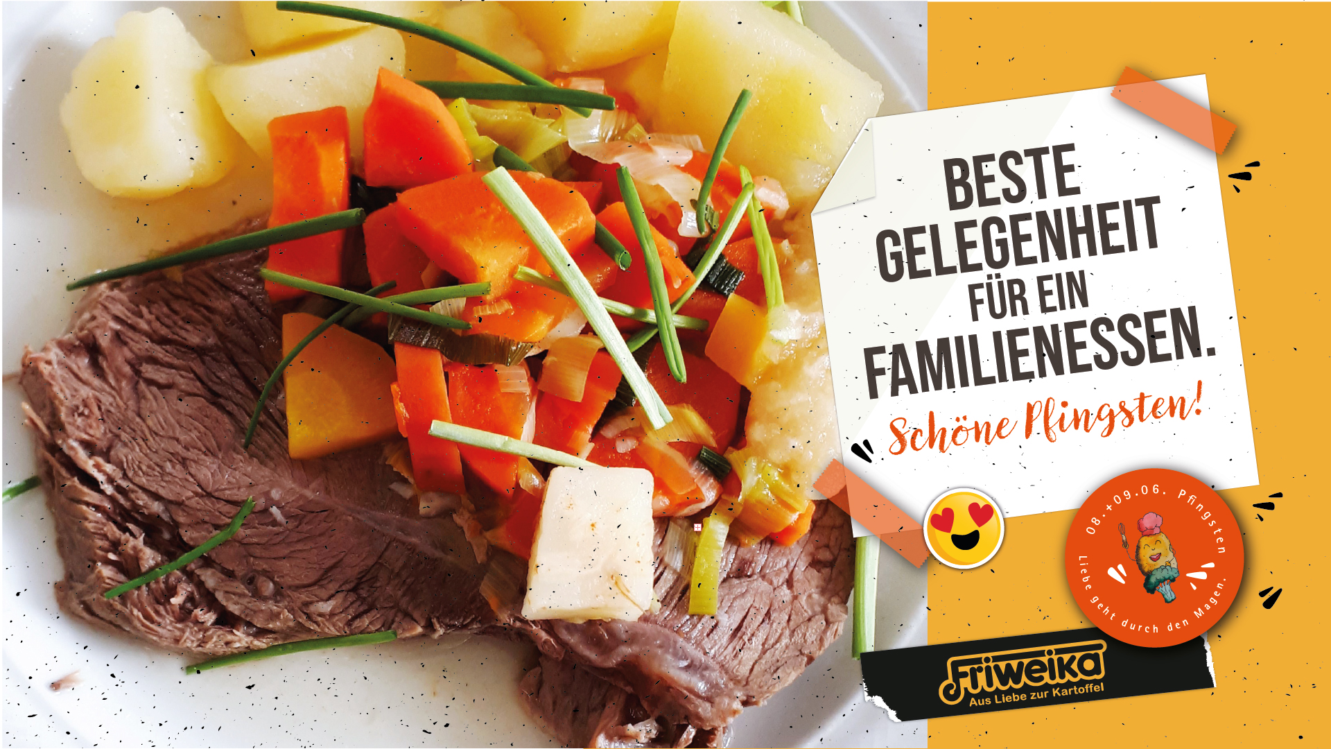 Ein leckeres Rezeptbild mit Fleisch, Gemüse und Kartoffeln mit der Aufschrift, das Pfingsten die beste gelegenheit für ein Familienessen ist.