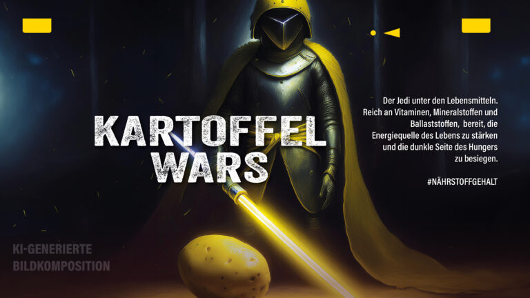 Eine parodie von Darth Vader, mit Laserschwert, im Vordergrund liegt eine Kartoffel