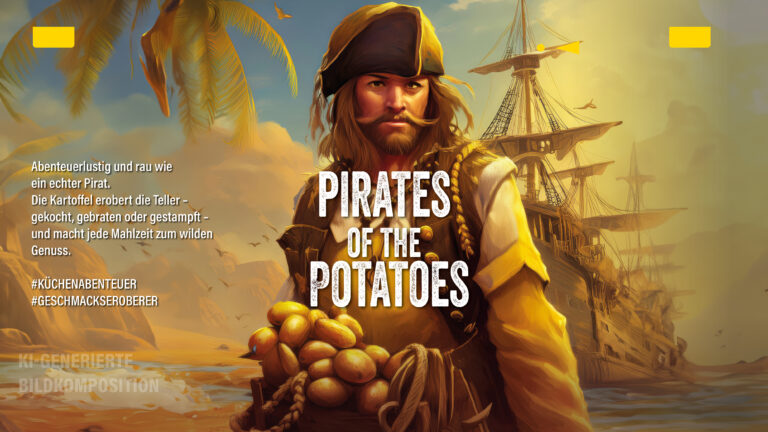 Ein dramatisches, KI-generiertes Bild im Stil eines Filmplakats, betitelt "PIRATES OF THE POTATOES". Es zeigt einen bärtigen Piraten in historischer Kleidung, der eine Ladung Kartoffeln hält, vor dem Hintergrund einer tropischen Insel mit Palmen und einem großen Segelschiff. Links im Bild steht der deutsche Text: "Abenteuerlustig und rau wie ein echter Pirat. Die Kartoffel erobert den Teller – gekocht, gebraten oder gestampft – und macht jede Mahlzeit zum wilden Genuss. #KÜCHENABENTEUER #GESCHMACKSEROBERER."