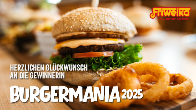 Werbebanner von Friweika mit einem appetitlichen veganen oder vegetarischen Burger und Zwiebelringen, dazu der Text: 'Herzlichen Glückwunsch an die Gewinnerin Burgermania 2025' und das Friweika-Logo mit dem Slogan 'Aus Liebe zur Kartoffel'
