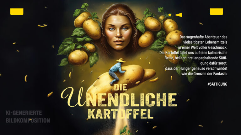 Filmposter-Parodie "Die Unendliche Kartoffel" ("Die Unendliche Geschichte"), ein vermeintlicher Klassiker der 1990er, der ab Dezember im Kino laufen soll. Das surreale Bild zeigt eine Frau als zentrale Figur umgeben von großen Kartoffeln und einen kleinen Mann auf einer riesigen schwebenden Kartoffel reitend.