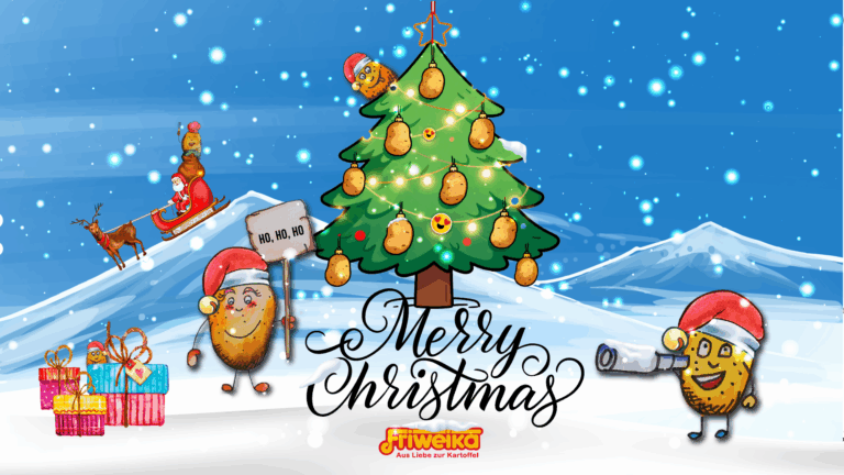 eihnachtsgruß-Grafik von Friweika. Eine animierte Szene im Schnee mit einem geschmückten Weihnachtsbaum, der mit lachenden Kartoffeln und Lichterketten verziert ist. Im Vordergrund stehen zwei weitere Kartoffel-Maskottchen mit Weihnachtsmützen – eines hält ein HO HO HO Schild, das andere ein Fernrohr. Im Hintergrund fährt der Weihnachtsmann im Schlitten mit Rentier. Die große Schrift sagt Merry Christmas über dem Friweika-Logo.