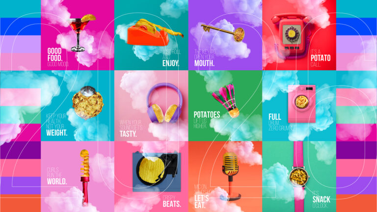 Ausblick auf den Friweika Kalender 2026: Das Bild ist eine bunte 12-teilige Collage mit surrealen Motiven. Jedes Quadrat enthält einen englischen Slogan und ein Objekt, das mit Kartoffeln oder Kartoffelprodukten kombiniert ist, wie ein Cocktail mit Kartoffelgarnitur, ein Telefon mit dem Spruch It's a Potato Call, Kopfhörer mit Chips , ein Mikrofon mit Bierschaum und eine Waschmaschine mit Pommes. Die Kartoffel wird in humorvoller Weise als Schlüssel zu verschiedenen Lebensbereichen dargestellt.