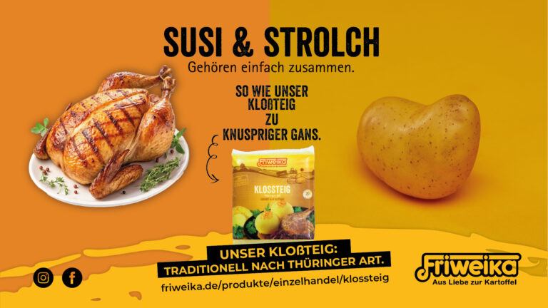 Friweika Werbegrafik für Kloßteig nach Thüringer Art mit einer gebratenen Gans und einer Kartoffel auf gelbem Hintergrund.