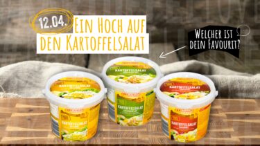 Aktionstag am 12.04. bei Friweika: „Ein Hoch auf den Kartoffelsalat“ – Auswahl verschiedener Sorten wie Sächsische Art, Bauernart und mit Gurke in der praktischen 500g-Packung.