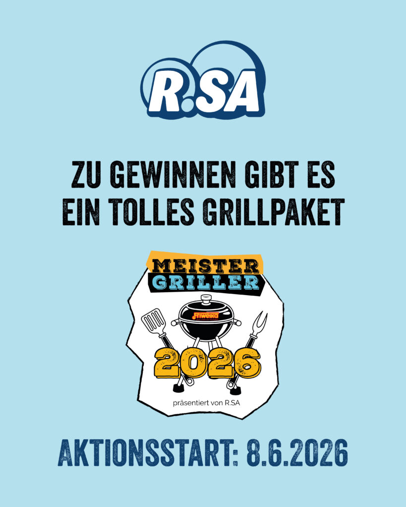 Hellblaue Werbegrafik für das R.SA Meister Griller 2026 Gewinnspiel präsentiert von Friweika. Aktionsstart ist am 8.6.2026.