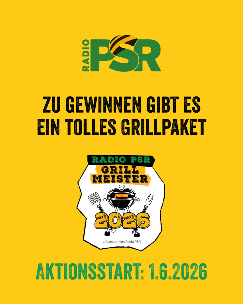 Gelbe Werbegrafik für das Radio PSR Grillmeister 2026 Gewinnspiel mit einem Friweika Grillpaket. Aktionsstart ist am 1.6.2026.
