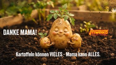 Illustrierte Kartoffelfiguren zum Muttertag von Friweika: Eine große Kartoffel-Mama wird von zwei kleinen Kartoffel-Kindern umarmt. Text: „DANKE MAMA! Kartoffeln können VIELES – Mama kann ALLES.“