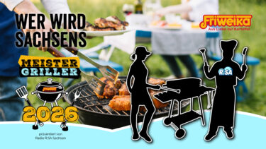 Wer wird Sachsens Meistergriller 2026: Ankündigung des Grillwettbewerbs von Friweika und Radio R.SA Sachsen beim Barbecue im Garten.