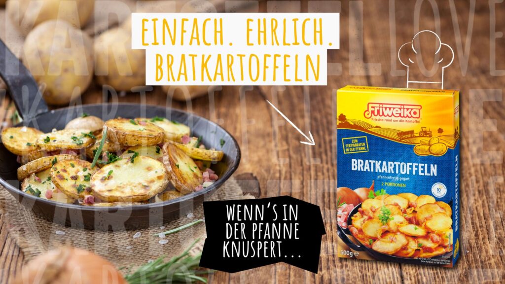 Friweika Bratkartoffeln: Produktverpackung neben einer Pfanne mit knusprigen Bratkartoffeln.