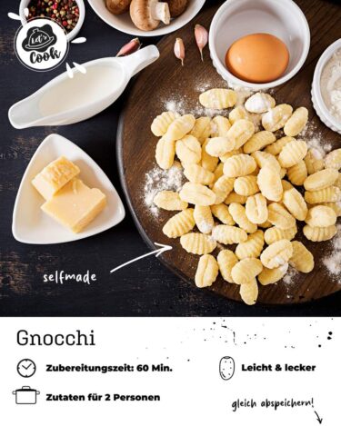 Selbstgemachte Gnocchi frisch zubereitet auf Holzbrett mit Zutaten wie Ei, Parmesan und Mehl. Rezept-Grafik: Zubereitungszeit 60 Min, leicht und lecker, für 2 Personen.