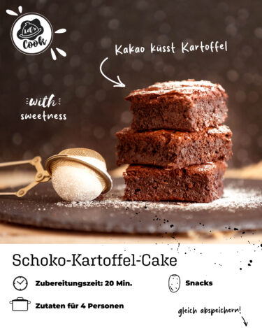 Saftiger Schoko-Kartoffel-Cake in Stücke geschnitten und gestapelt auf dunklem Teller mit Puderzucker. Rezept-Grafik: Zubereitungszeit 20 Min, Snack für 4 Personen.