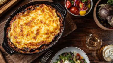 Draufsicht auf eine rustikale, goldbraun überbackene griechische Moussaka mit gebräunter Bechamelsauce in einer schwarzen Auflaufform, serviert auf einem dunklen Holztisch mit frischen Beilagensalaten (Kirschtomaten, rote Zwiebeln, Rucola), Oliven, einem Glas Weißwein und einem Bier.